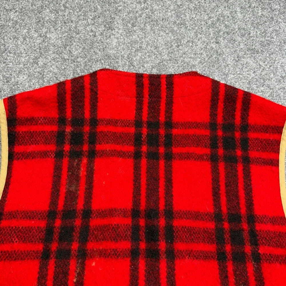 Vintage Polo Ralph Lauren Mens XL Red Black Plaid Wool Hunting Vest Leather Trim